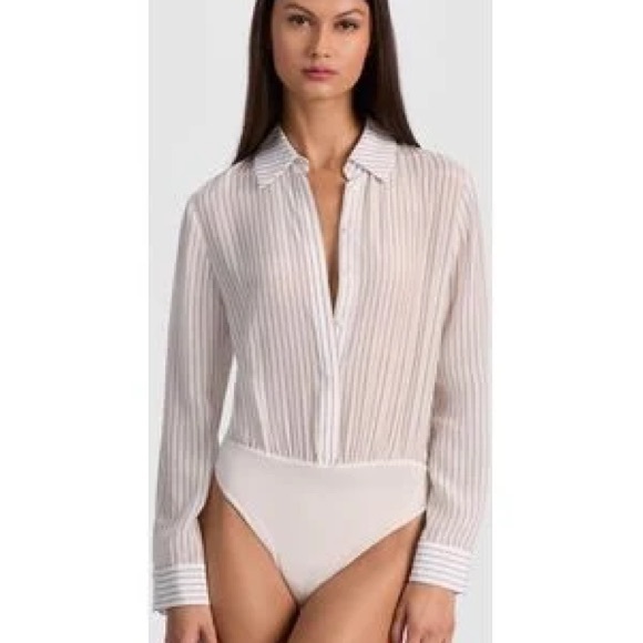 Alice + Olivia Willa Silk White and Black Stipe Bodysuit Blouse - Picture 1 of 8